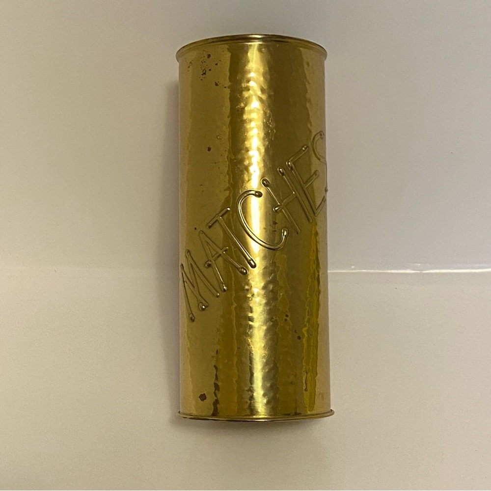 Vintage Long Matches Holder Hammered Metal Goldtone 8 1/2” tall